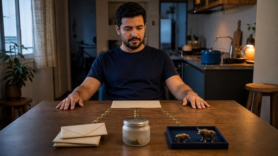Pessoa organizando o 13º salário entre dívidas, poupança e investimento em uma mesa de casa.