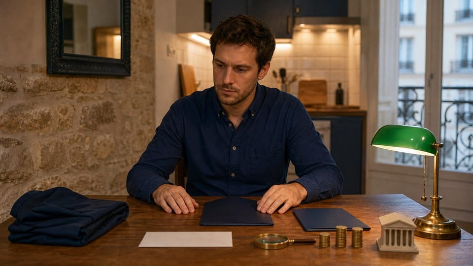 Salarié en contrat court préparant une demande de crédit avec enveloppe de salaire, dossier de prêt et piles de pièces.