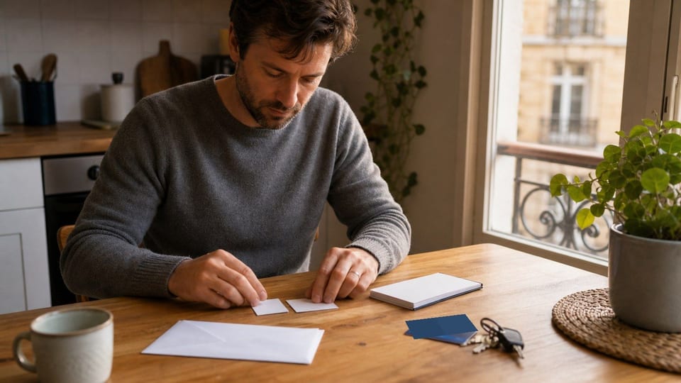 Un homme prépare des documents bancaires vierges et une enveloppe pour fermer son compte bancaire.
