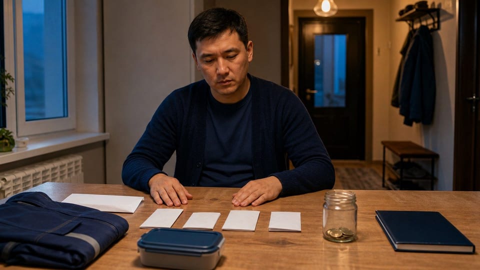Адам жалақы конверті, тұрмыстық шығыс конверттері, жұмыс киімі және аз монетасы бар төтенше жинақ құтысымен бюджет құрып отыр.