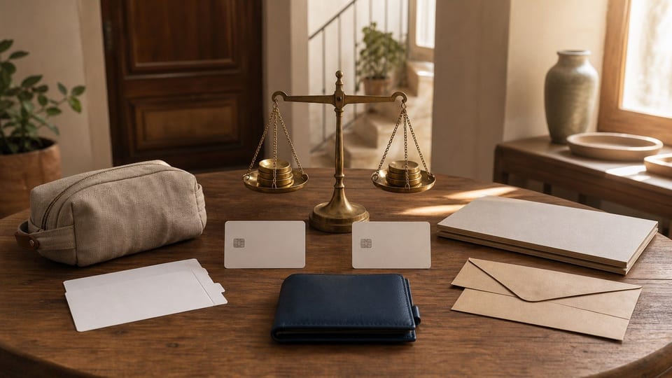Două carduri bancare digitale comparate pe o masă, lângă un portofel și documente financiare fără text.