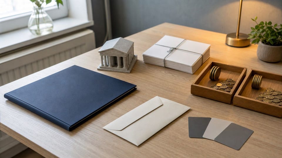 Bureau de micro-entrepreneur avec dossier de compte professionnel, cartes vierges, factures et argent séparé pour les charges.