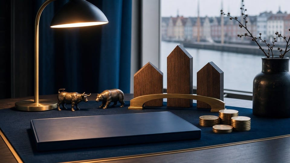 Et nordisk investeringsbord med blanke porteføljemapper, mønter og små tyr- og bjørnefigurer foran en enkel havneby.