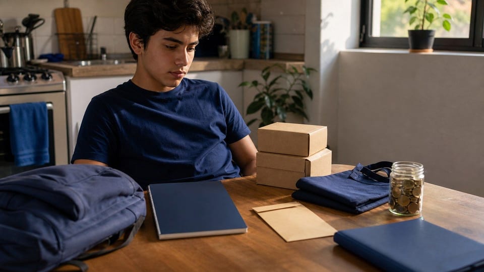 Adolescente organizando paquetes, ahorro y presupuesto para generar ingresos.