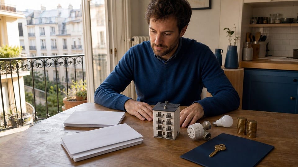 Une personne examine des charges de copropriété avec une maquette d’immeuble, une clé et des pièces.
