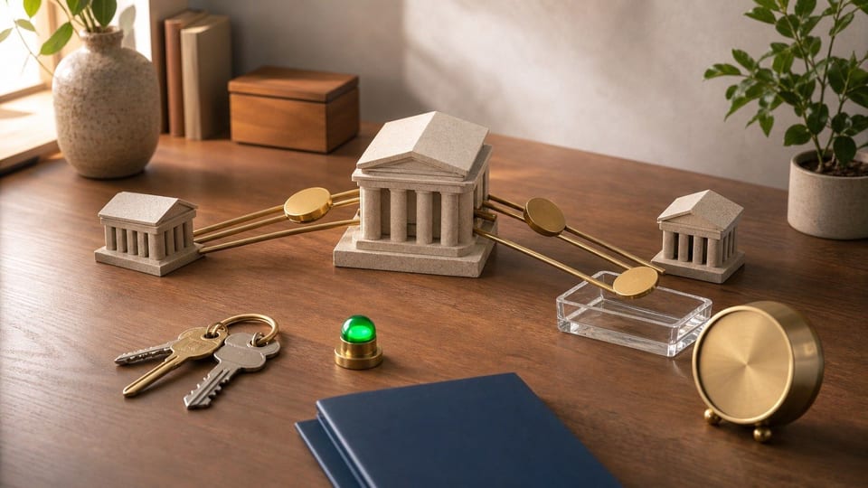 Mesa com modelo de banco central, trilhos de pagamento, chaves e elementos financeiros que representam a origem do Pix.