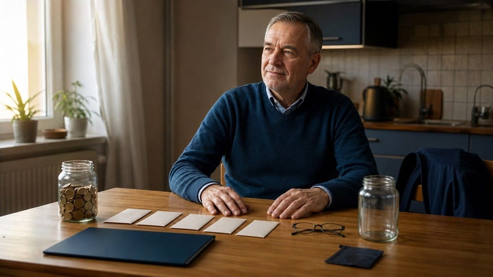 Starší muž plánuje předdůchod u kuchyňského stolu s obálkami, spořicí sklenicí a penzijní složkou.