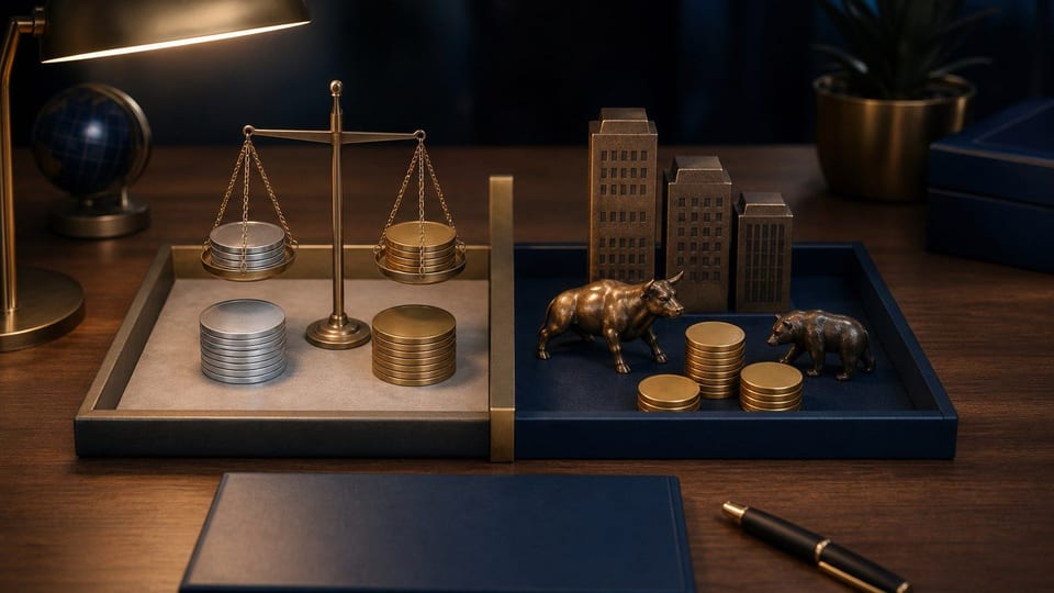 Meja investasi terbagi dua antara pilihan forex dan saham, dengan timbangan, koin polos, figur banteng dan beruang, serta map biru tua.